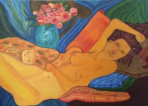 Modelo desnuda A través del sesgo como ejercicio de pintar a una modelo desnuda, el autor la pintó a lo clásico, recordándonos el estilo moderno de Amadeo Modigliani, donde se perciben las líneas, la integridad y el romanticismo. 